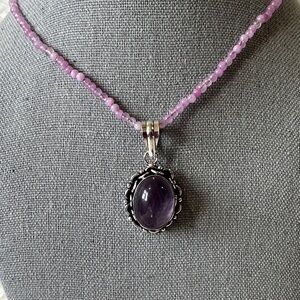 Genuine Amethyst Silver Plated Pendant and Amethyst Bead Necklace